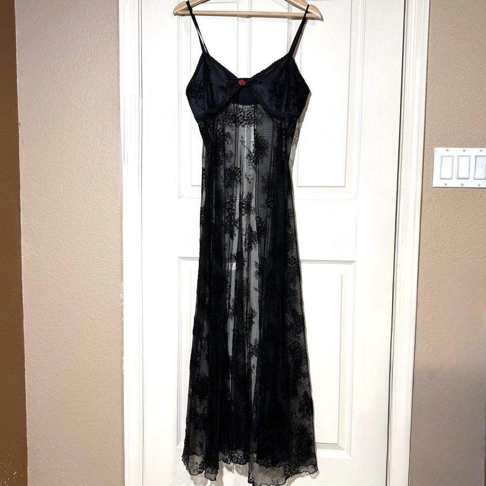 Sheer Black Velvet Floral Lace Slip Maxi Dress Rose Bow Whimsygoth Fairy Grunge - Picture 2 of 15